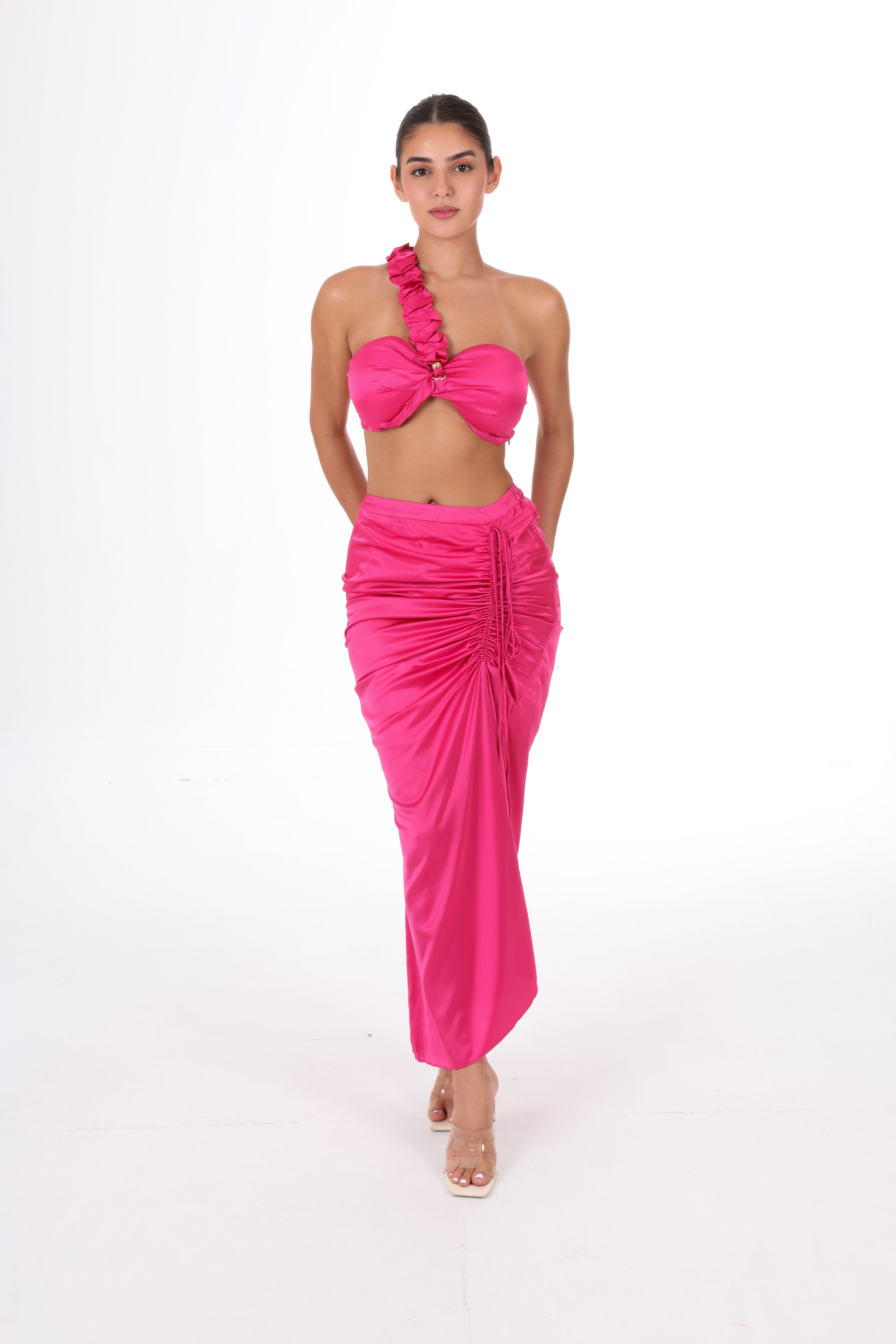 Front pose of model in ANAYA Set - Fuchsia Flame Satin, showcasing the ruched detailing and soft satin fabric for a luxe finish.