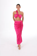 Front pose of model in ANAYA Set - Fuchsia Flame Satin, showcasing the ruched detailing and soft satin fabric for a luxe finish.