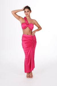 ANAYA Set - Fuchsia Flame Satin two-piece outfit featuring ruched detailing and a sculpting fit, ideal for bold evening wear.