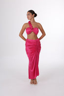 Full front view of ANAYA Set - Fuchsia Flame Satin with ruched skirt and structured top, designed to enhance curves elegantly.