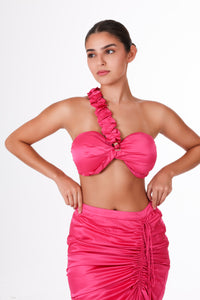 ANAYA Set - Fuchsia Flame Satin top close-up with ruffled strap and gathered bust, paired with a high-waisted ruched skirt.